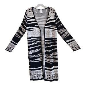 CHICO'S 1 Women 8 10 Cardigan Sweater Duster Open Black Beige Gold Cotton Blend
